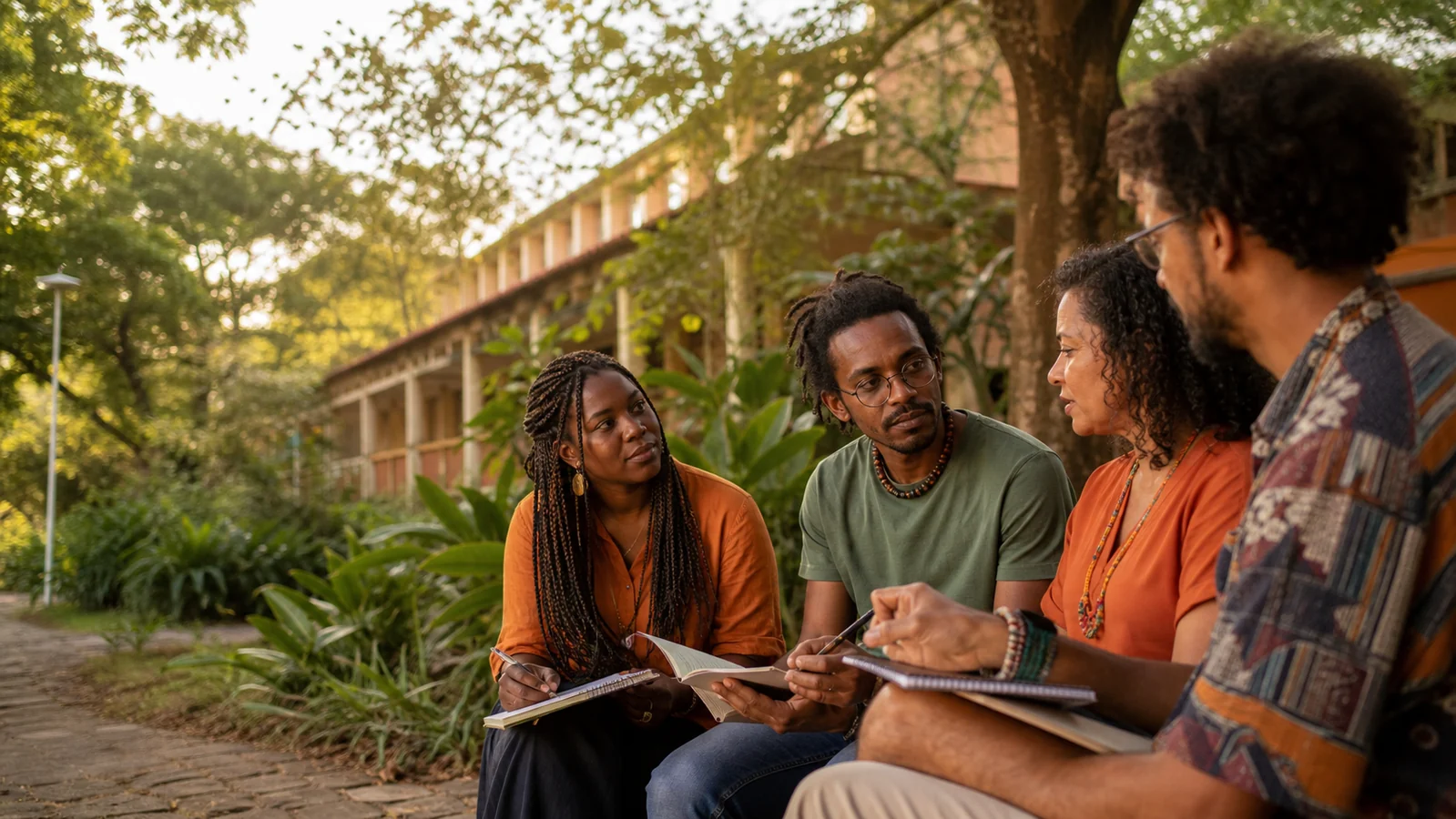 Grupo diverso de pesquisadores em uma roda de conversa no pátio arborizado de uma universidade