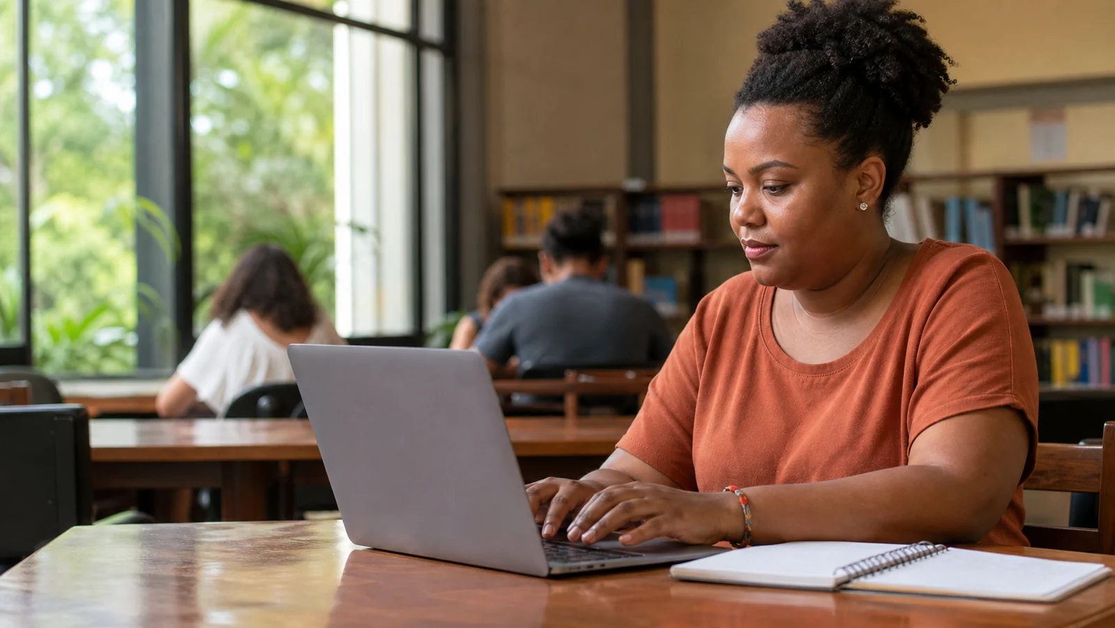 Participante responde a um questionário em uma biblioteca universitária