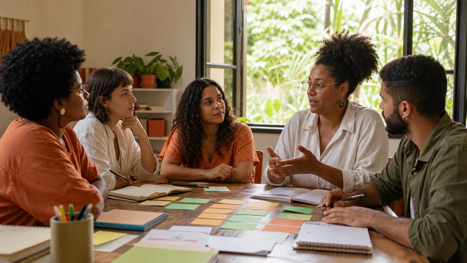 Equipe diversa participa de uma conversa de pesquisa em uma sala universitária